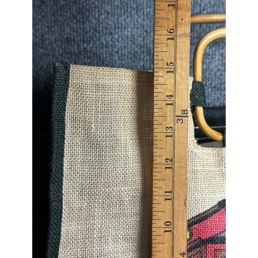 Vintage burlap tote San Francisco cable car trolley bamboo handles by Koret 15”